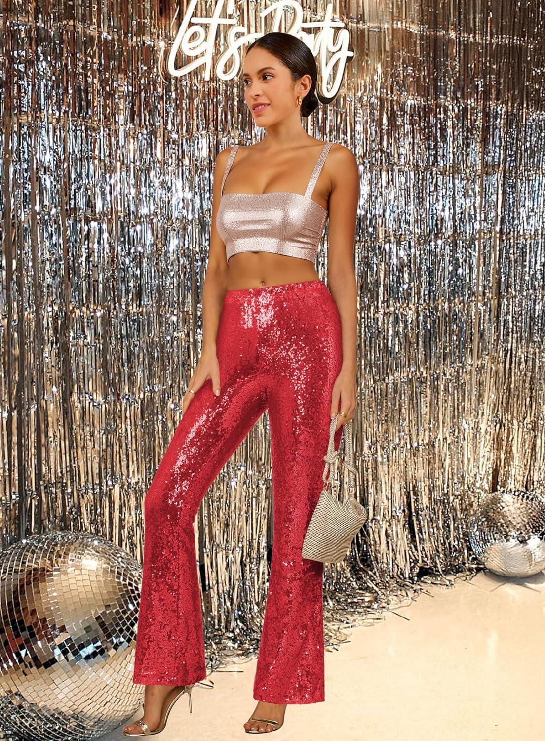 imageGRAPENT Sequin Pants for Women Flare High Waisted Pull On Elastic Waist Party Club Night Out Dance Stretch Sparkly PantsRed