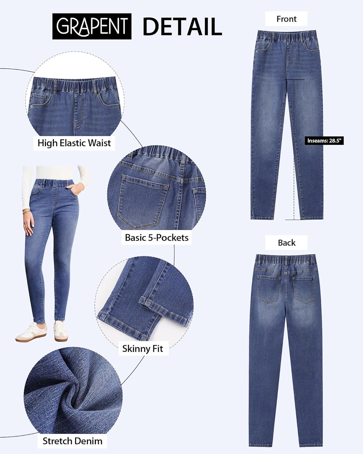 imageGRAPENT Skinny Jeans for Women High Waisted Trendy Pull On Elastic Waist Slim Jeggings Stretch Denim Pants Trouser JeansClassic Blue