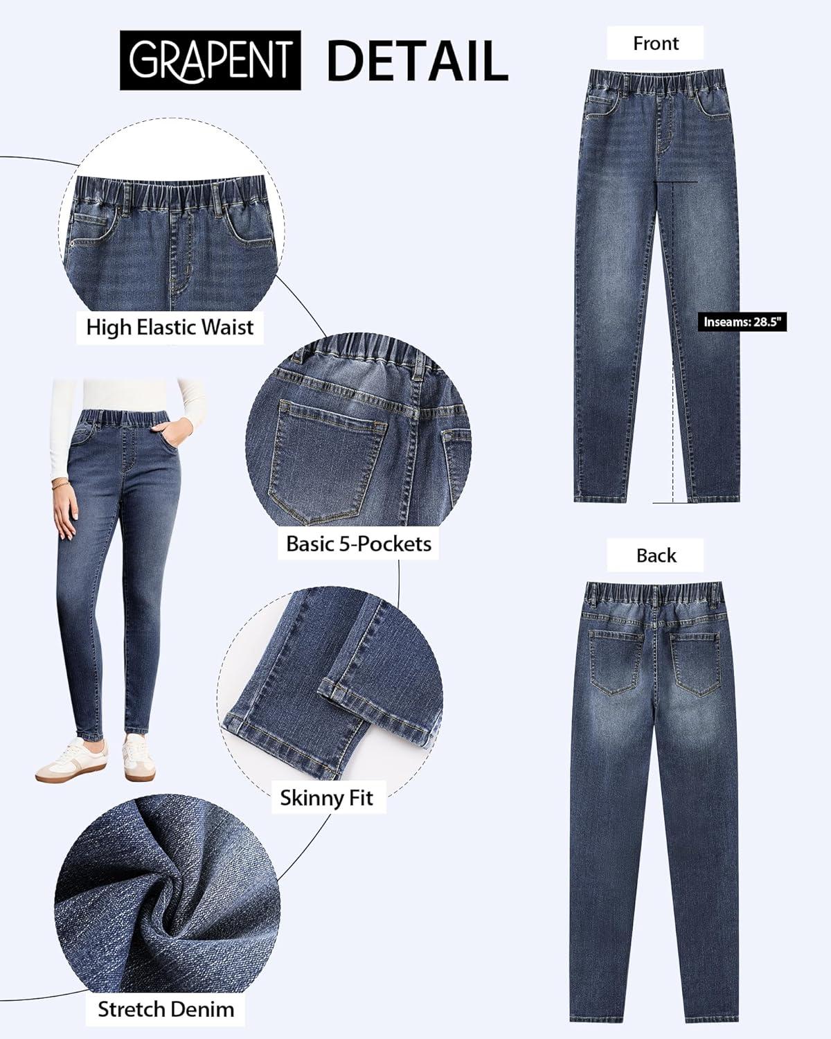 imageGRAPENT Skinny Jeans for Women High Waisted Trendy Pull On Elastic Waist Slim Jeggings Stretch Denim Pants Trouser JeansVintage Sapphire Blue