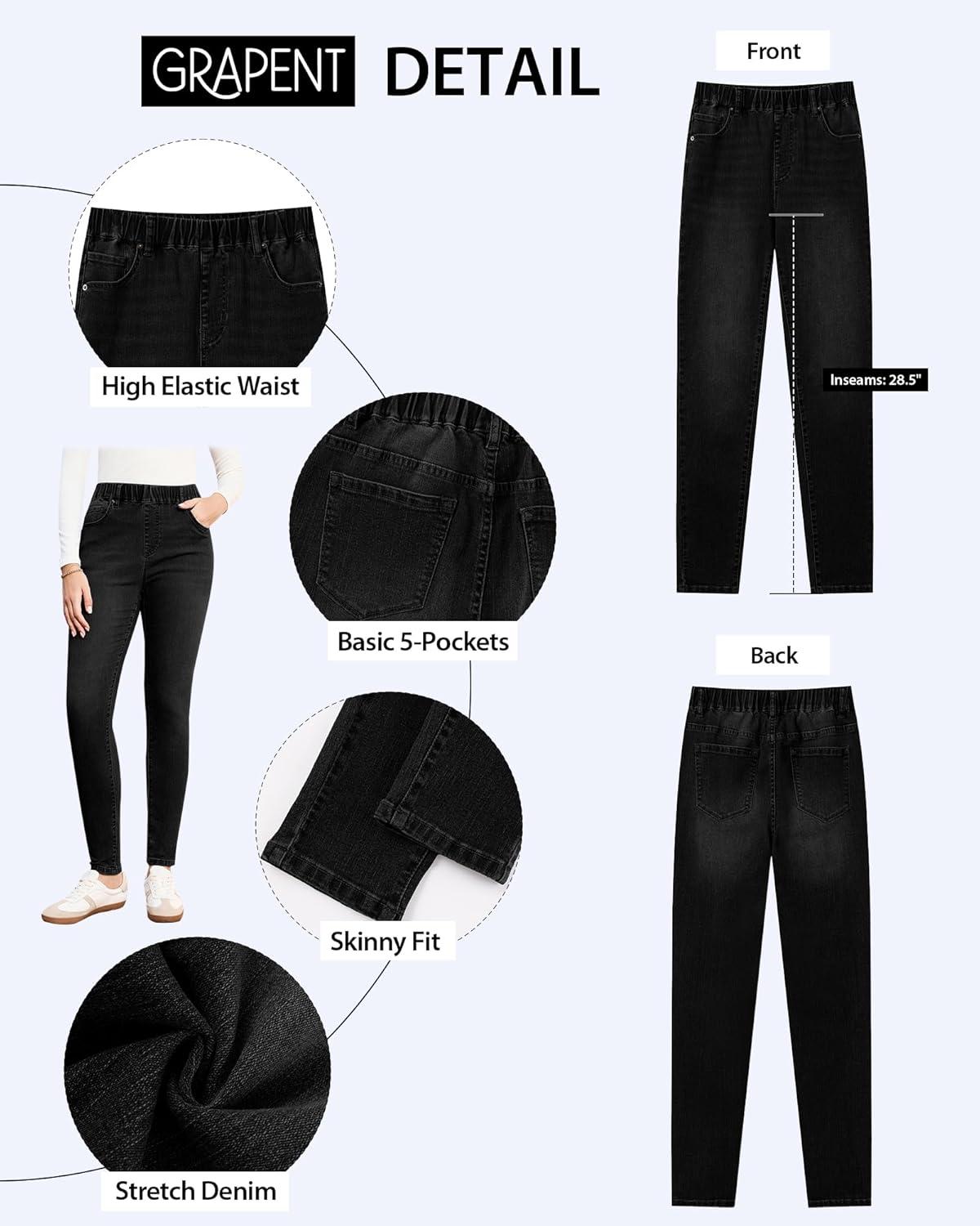 imageGRAPENT Skinny Jeans for Women High Waisted Trendy Pull On Elastic Waist Slim Jeggings Stretch Denim Pants Trouser JeansWashed Black