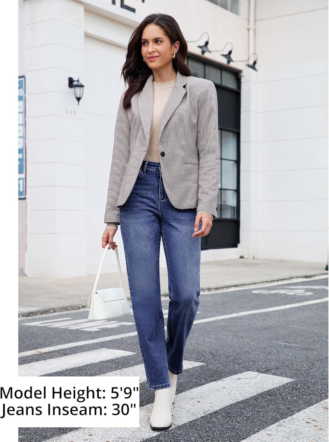 imageGRAPENT Straight Leg Jeans for Women Trendy High Waisted Classic Stretchy Denim Pants Casual Trouser Jeans with PocketsDark Atlantic Blue