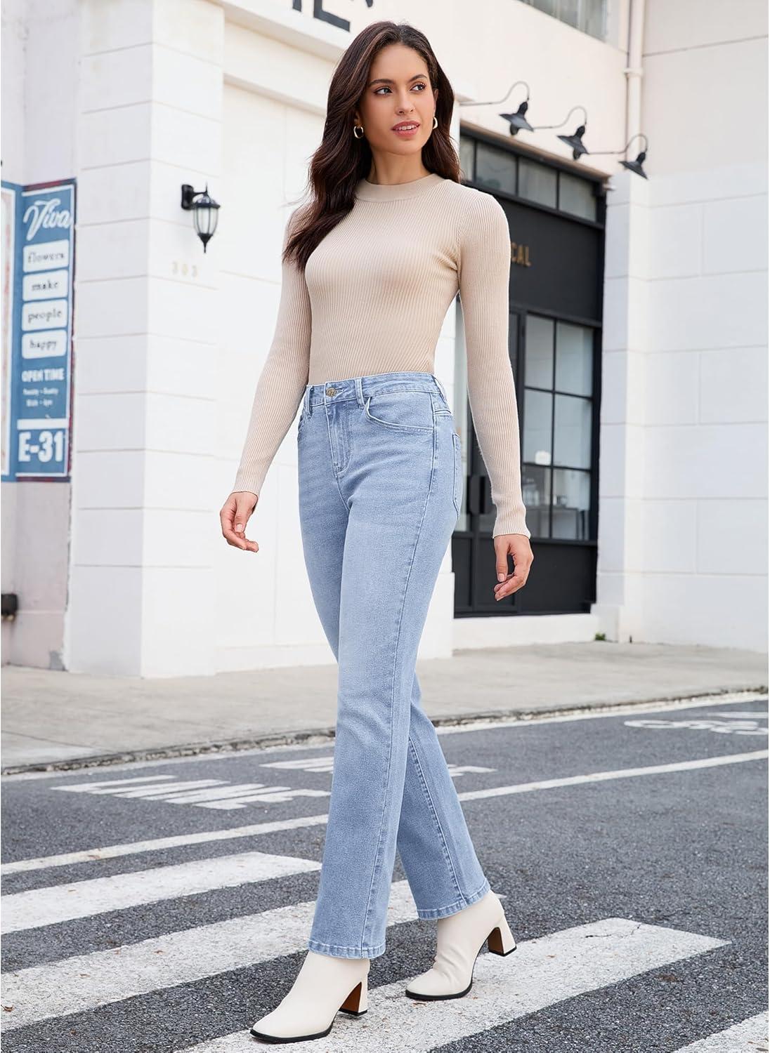 imageGRAPENT Straight Leg Jeans for Women Trendy High Waisted Classic Stretchy Denim Pants Casual Trouser Jeans with PocketsLakeside Blue