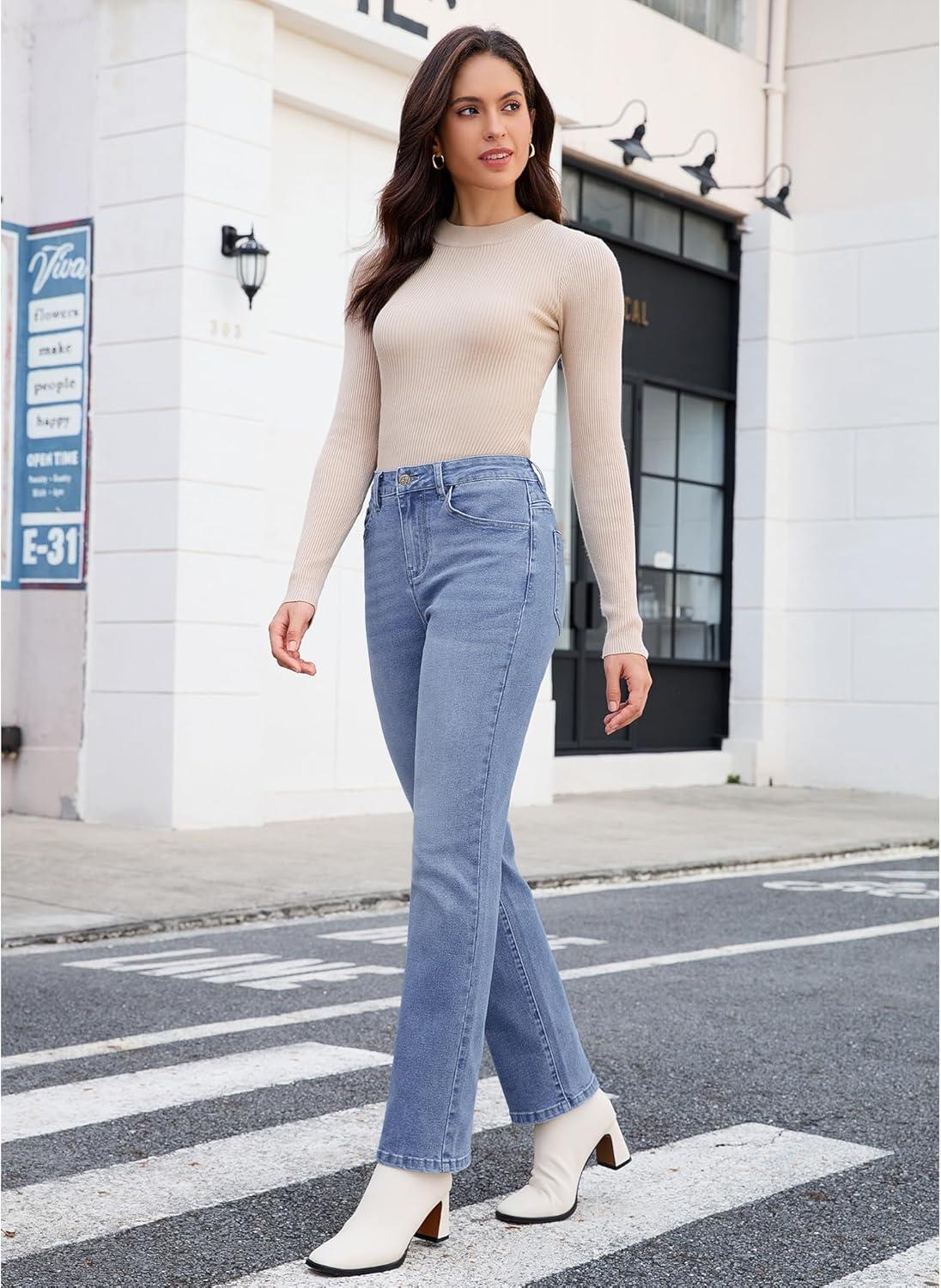 imageGRAPENT Straight Leg Jeans for Women Trendy High Waisted Classic Stretchy Denim Pants Casual Trouser Jeans with PocketsMedium Blue