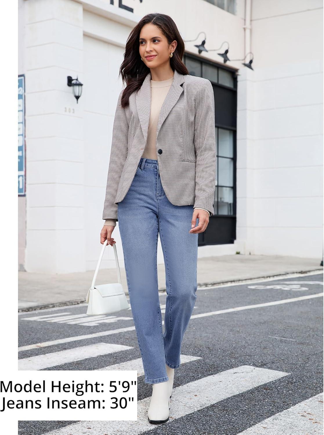 imageGRAPENT Straight Leg Jeans for Women Trendy High Waisted Classic Stretchy Denim Pants Casual Trouser Jeans with PocketsMedium Blue