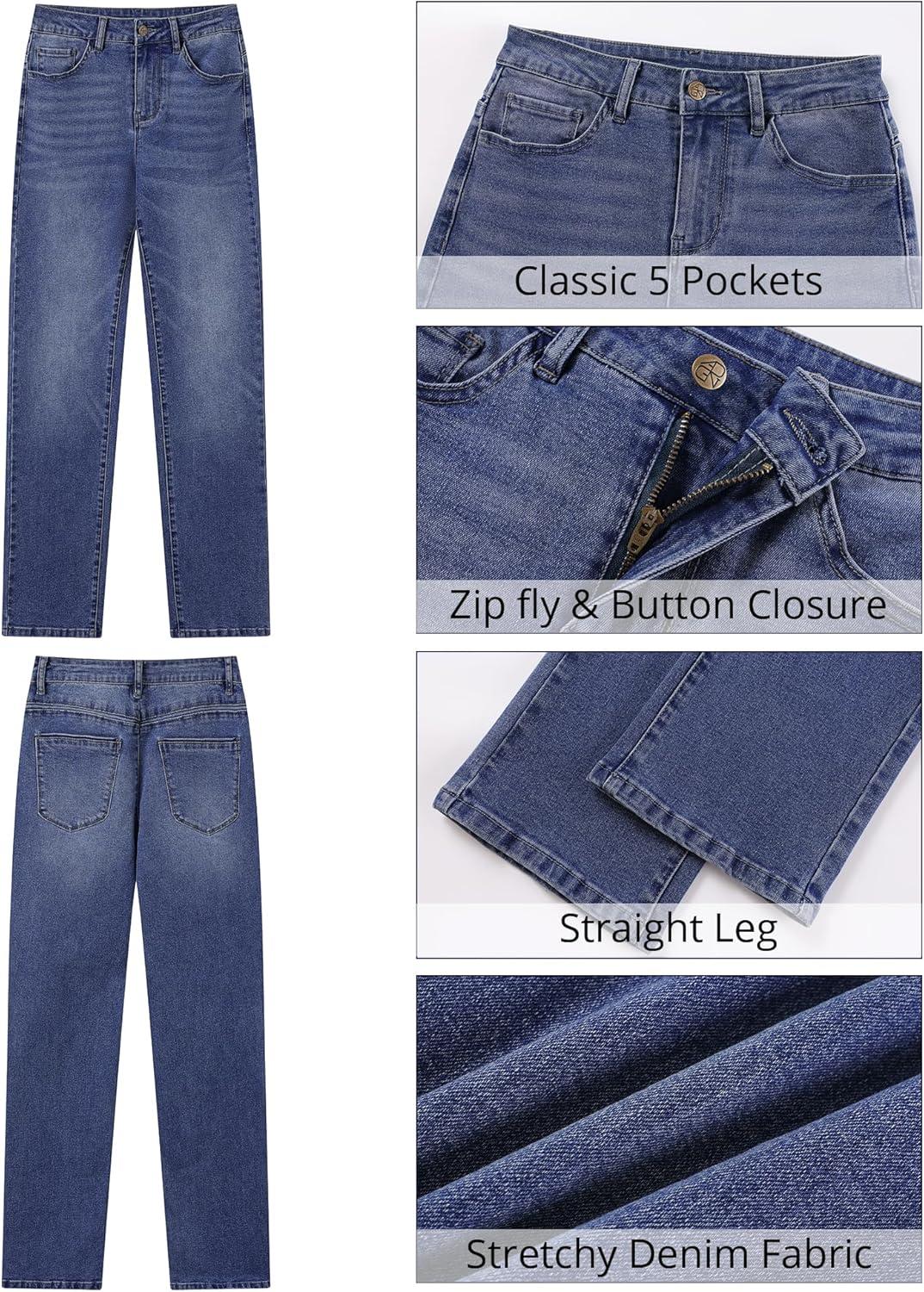 imageGRAPENT Straight Leg Jeans for Women Trendy High Waisted Classic Stretchy Denim Pants Casual Trouser Jeans with PocketsTimeless Blue