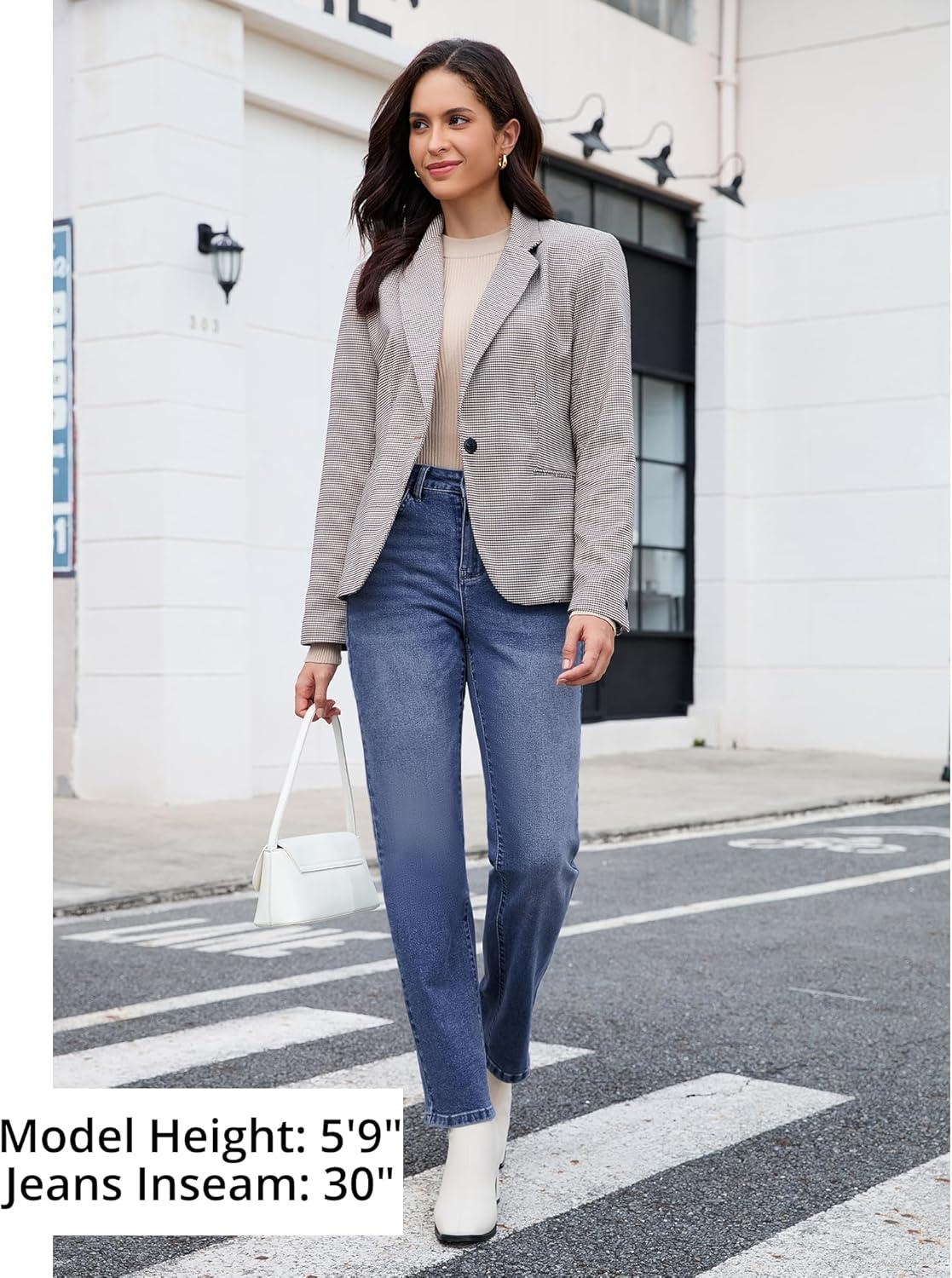 imageGRAPENT Straight Leg Jeans for Women Trendy High Waisted Classic Stretchy Denim Pants Casual Trouser Jeans with PocketsTimeless Blue