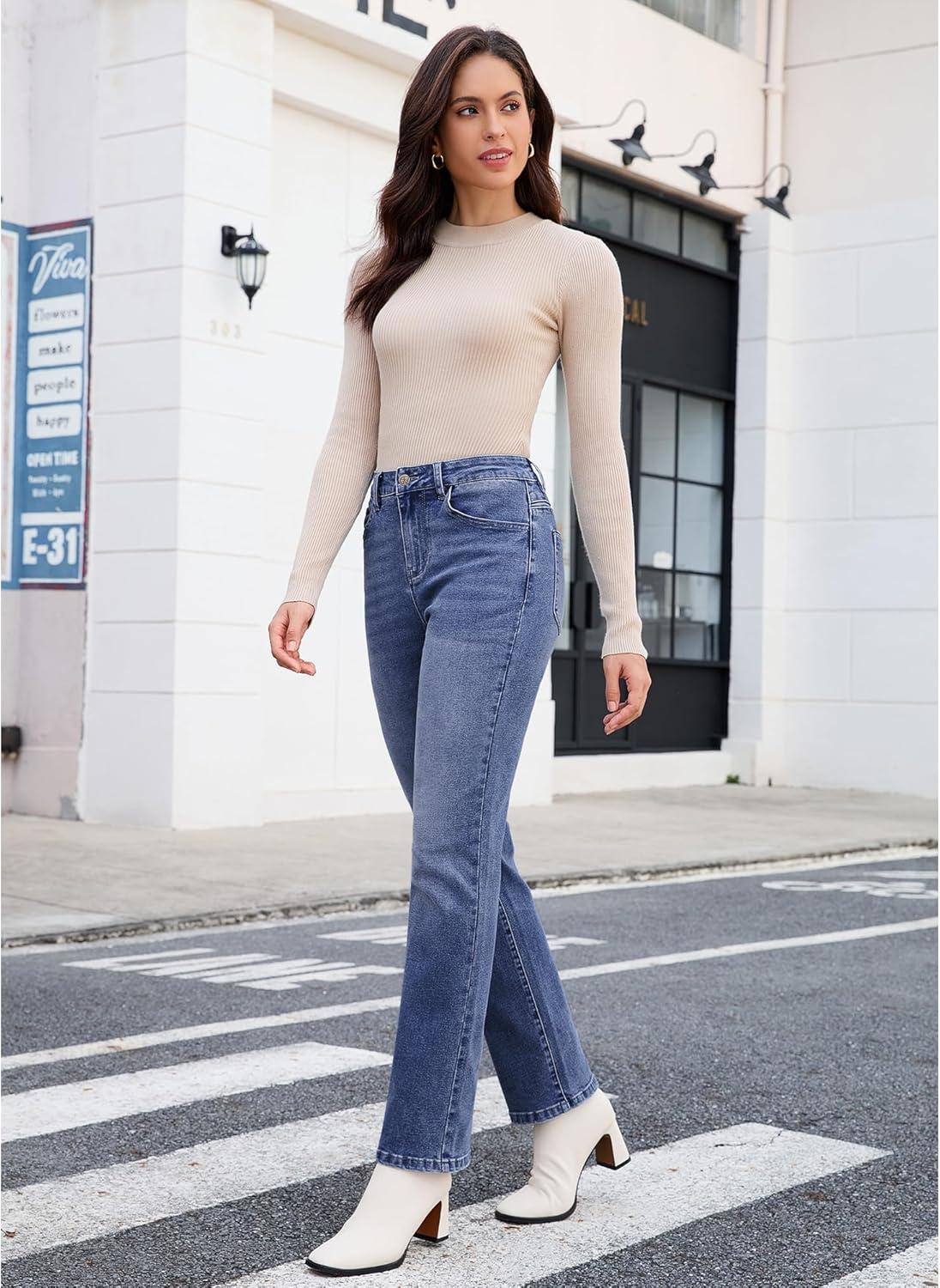 imageGRAPENT Straight Leg Jeans for Women Trendy High Waisted Classic Stretchy Denim Pants Casual Trouser Jeans with PocketsTimeless Blue