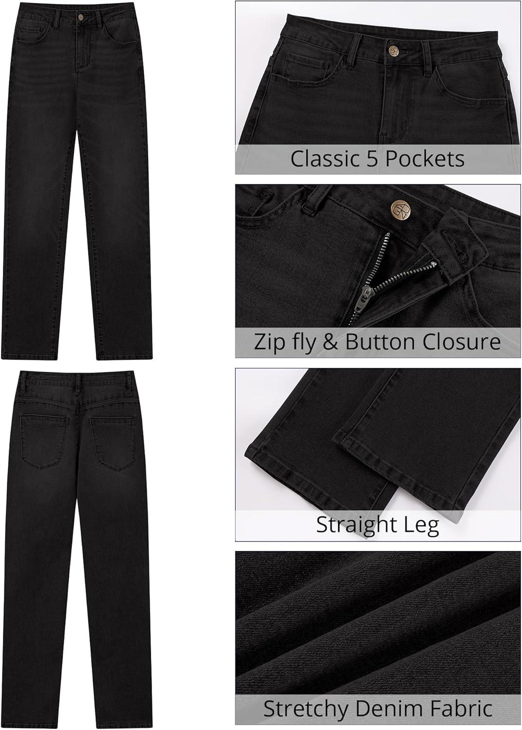 imageGRAPENT Straight Leg Jeans for Women Trendy High Waisted Classic Stretchy Denim Pants Casual Trouser Jeans with PocketsWashed Black