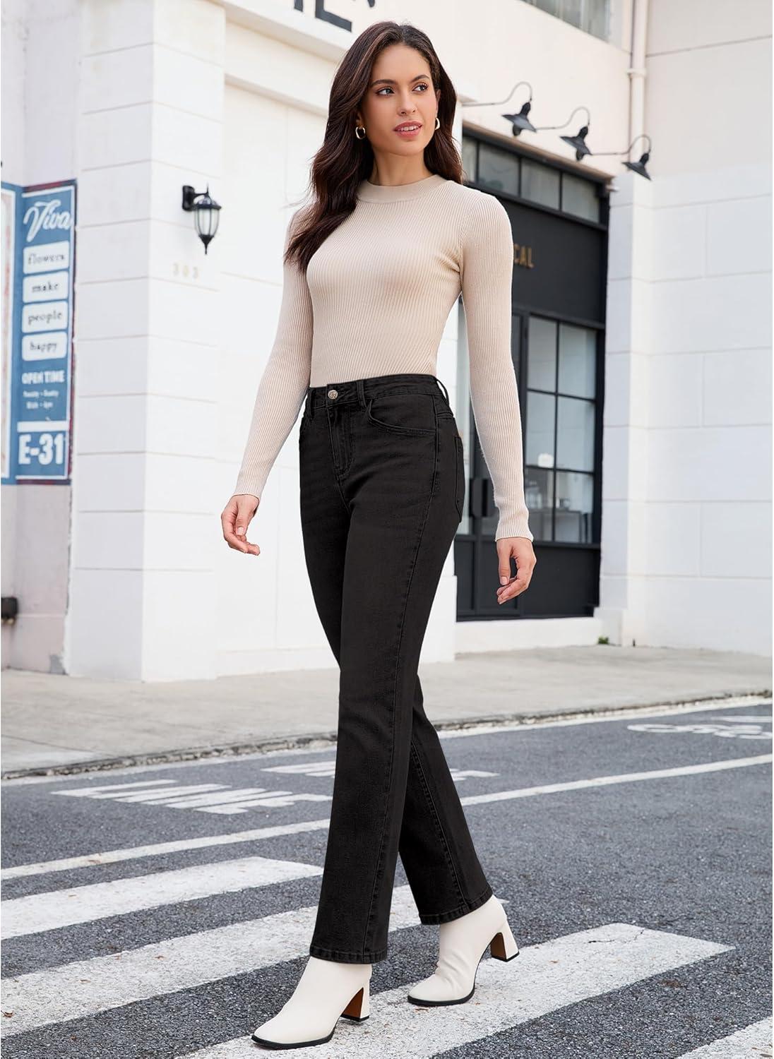 imageGRAPENT Straight Leg Jeans for Women Trendy High Waisted Classic Stretchy Denim Pants Casual Trouser Jeans with PocketsWashed Black