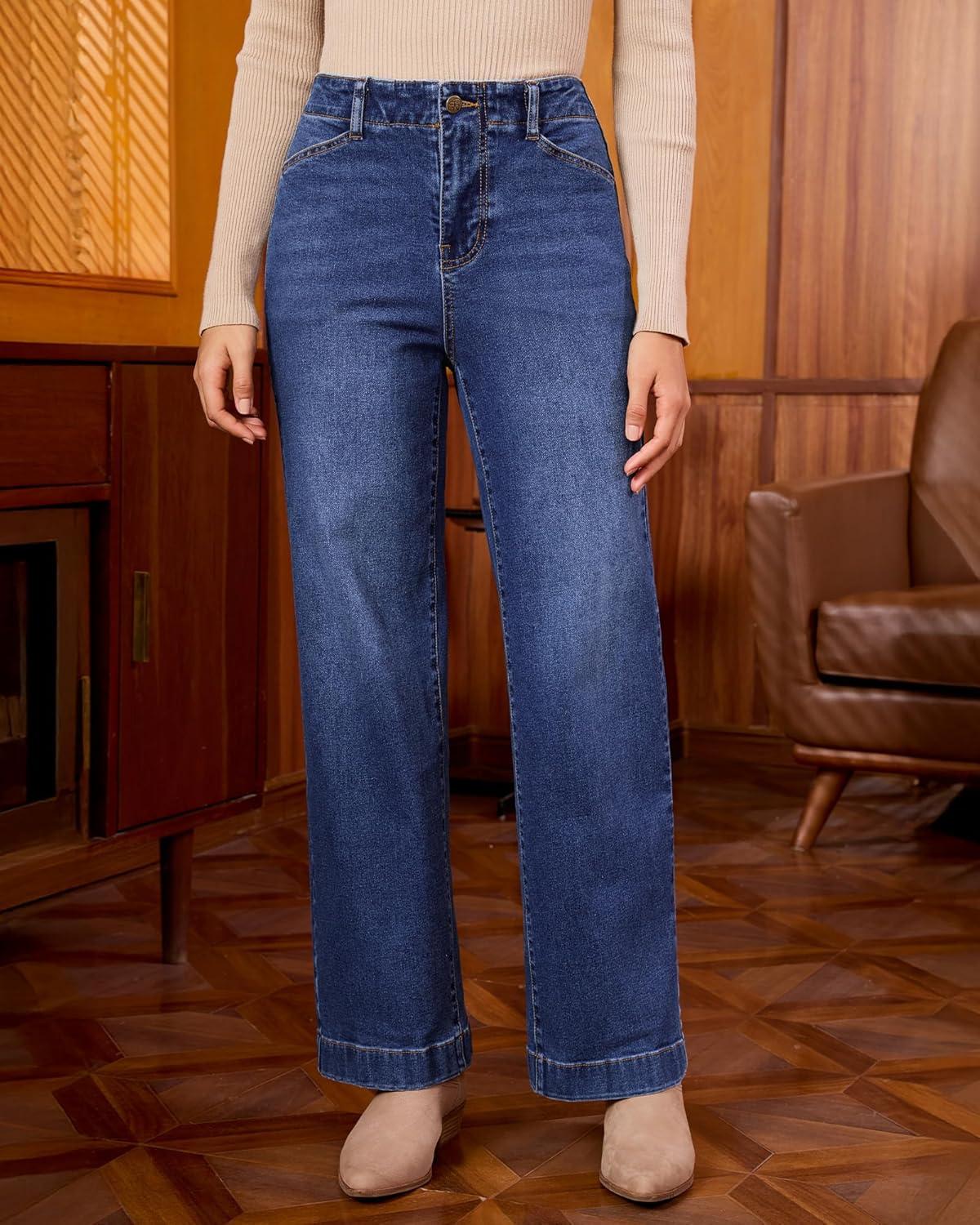 imageGRAPENT Wide Leg Jeans Woman High Waisted Trendy Stretchy Denim Pants Classic Trouser Jeans with Slash PocketsDark Atlantic Blue