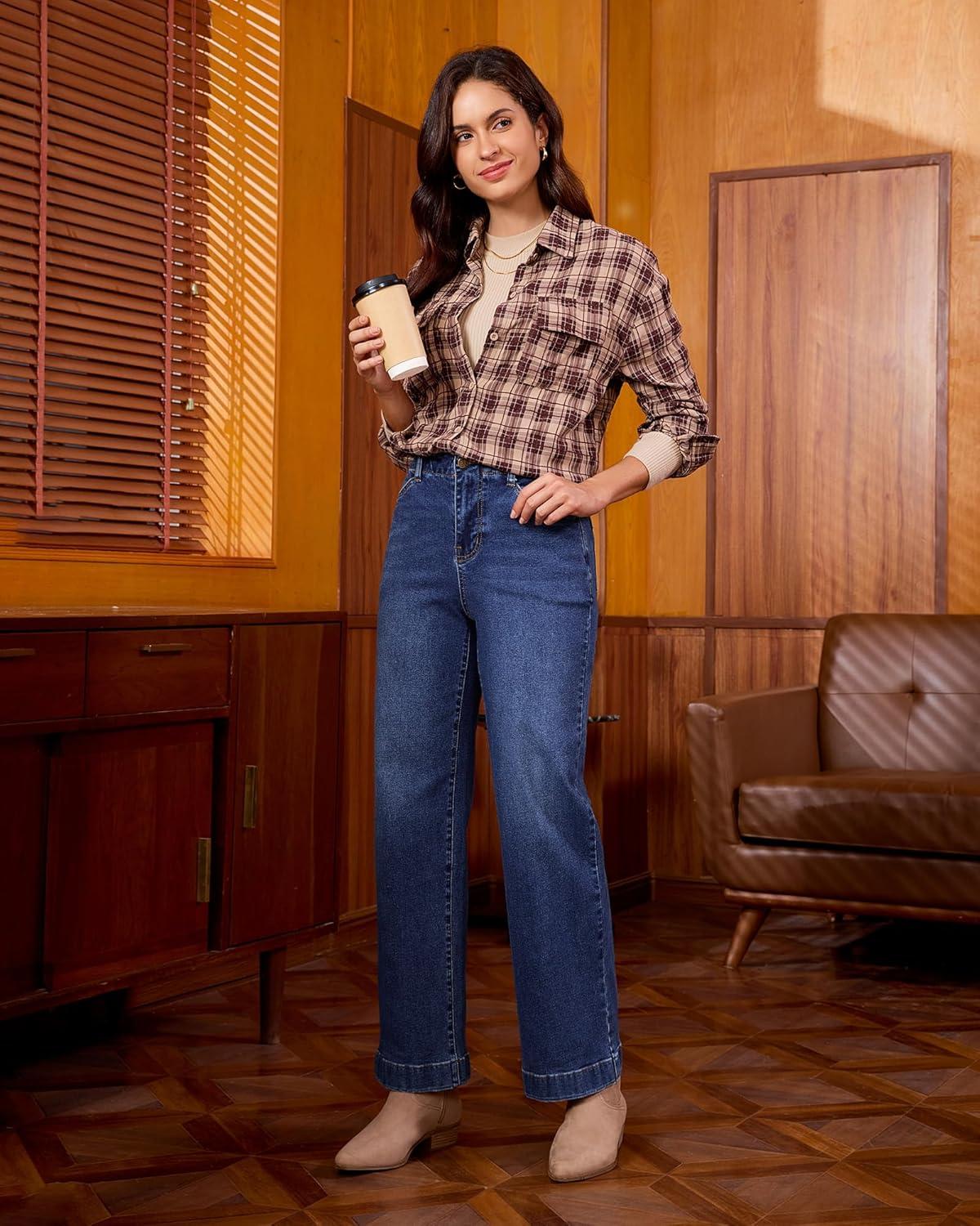 imageGRAPENT Wide Leg Jeans Woman High Waisted Trendy Stretchy Denim Pants Classic Trouser Jeans with Slash PocketsDark Atlantic Blue