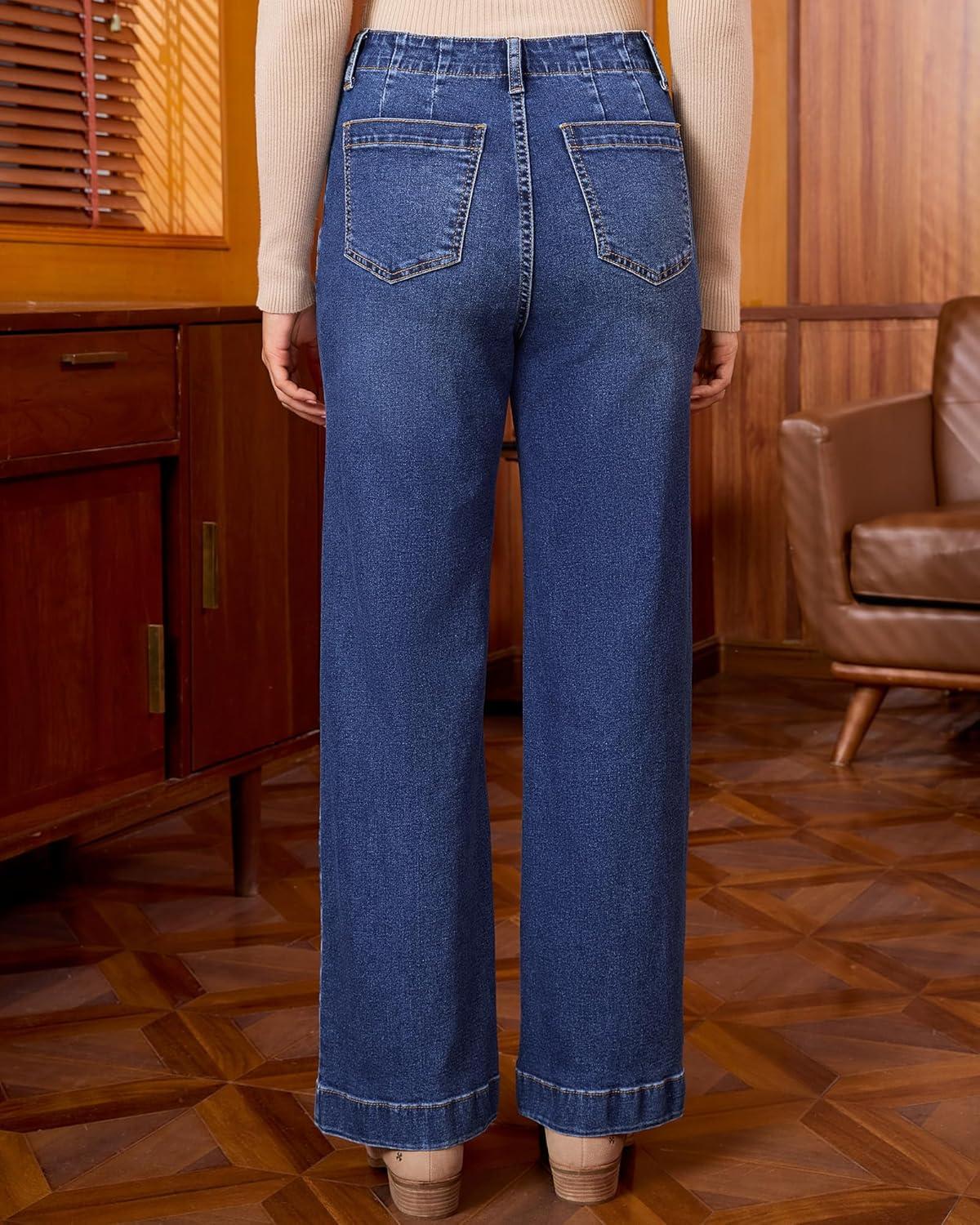 imageGRAPENT Wide Leg Jeans Woman High Waisted Trendy Stretchy Denim Pants Classic Trouser Jeans with Slash PocketsDark Atlantic Blue