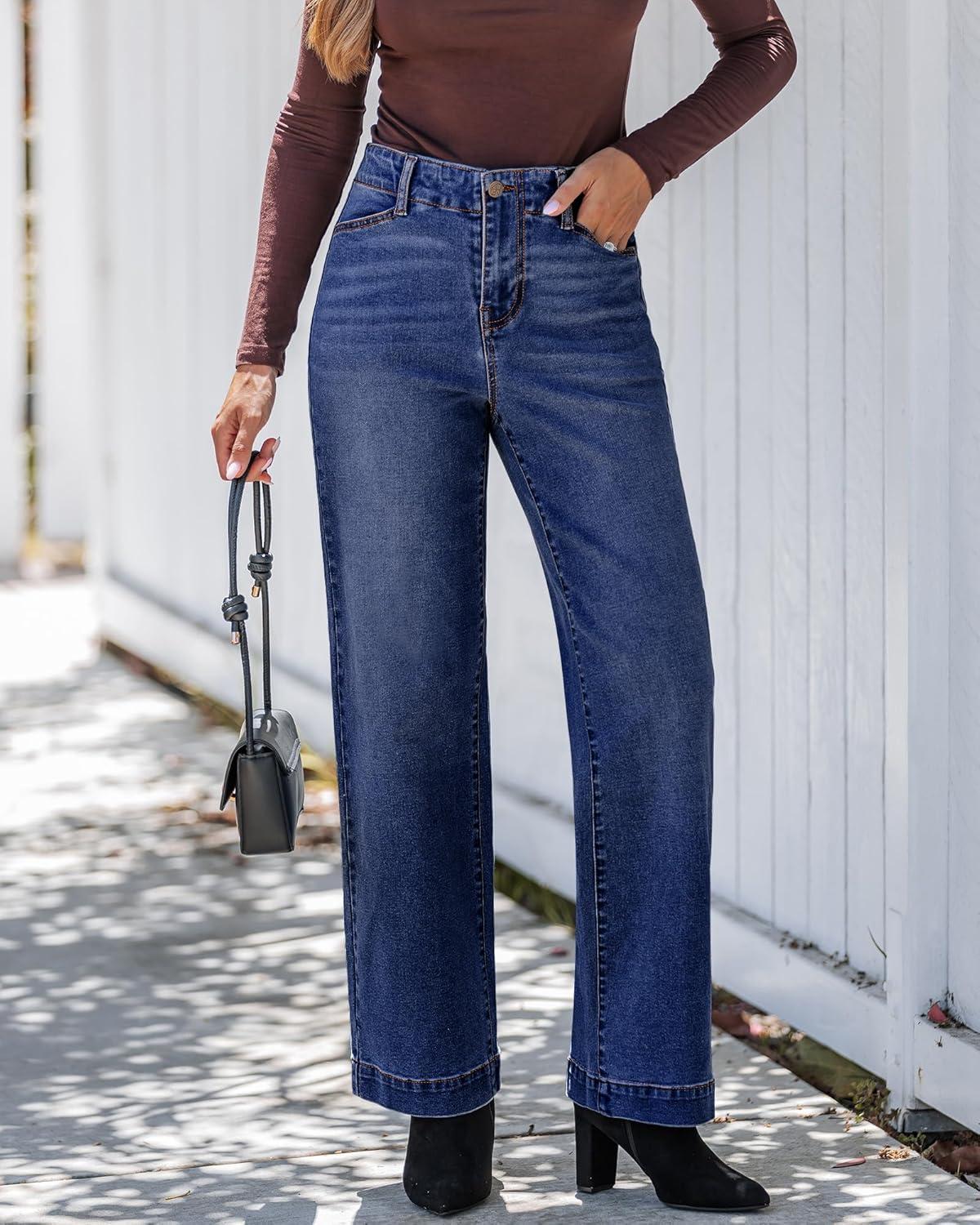imageGRAPENT Wide Leg Jeans Woman High Waisted Trendy Stretchy Denim Pants Classic Trouser Jeans with Slash PocketsDarkness Blue