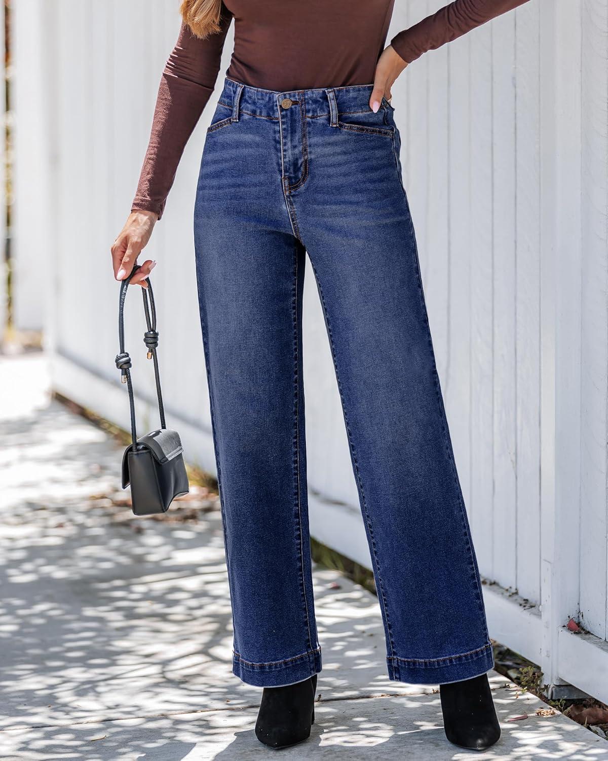 imageGRAPENT Wide Leg Jeans Woman High Waisted Trendy Stretchy Denim Pants Classic Trouser Jeans with Slash PocketsDarkness Blue