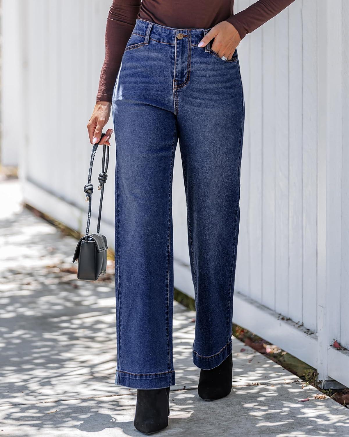 imageGRAPENT Wide Leg Jeans Woman High Waisted Trendy Stretchy Denim Pants Classic Trouser Jeans with Slash PocketsDarkness Blue