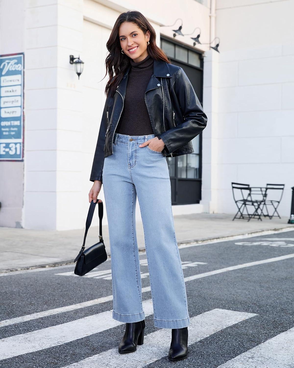 imageGRAPENT Wide Leg Jeans Woman High Waisted Trendy Stretchy Denim Pants Classic Trouser Jeans with Slash PocketsLakeside Blue
