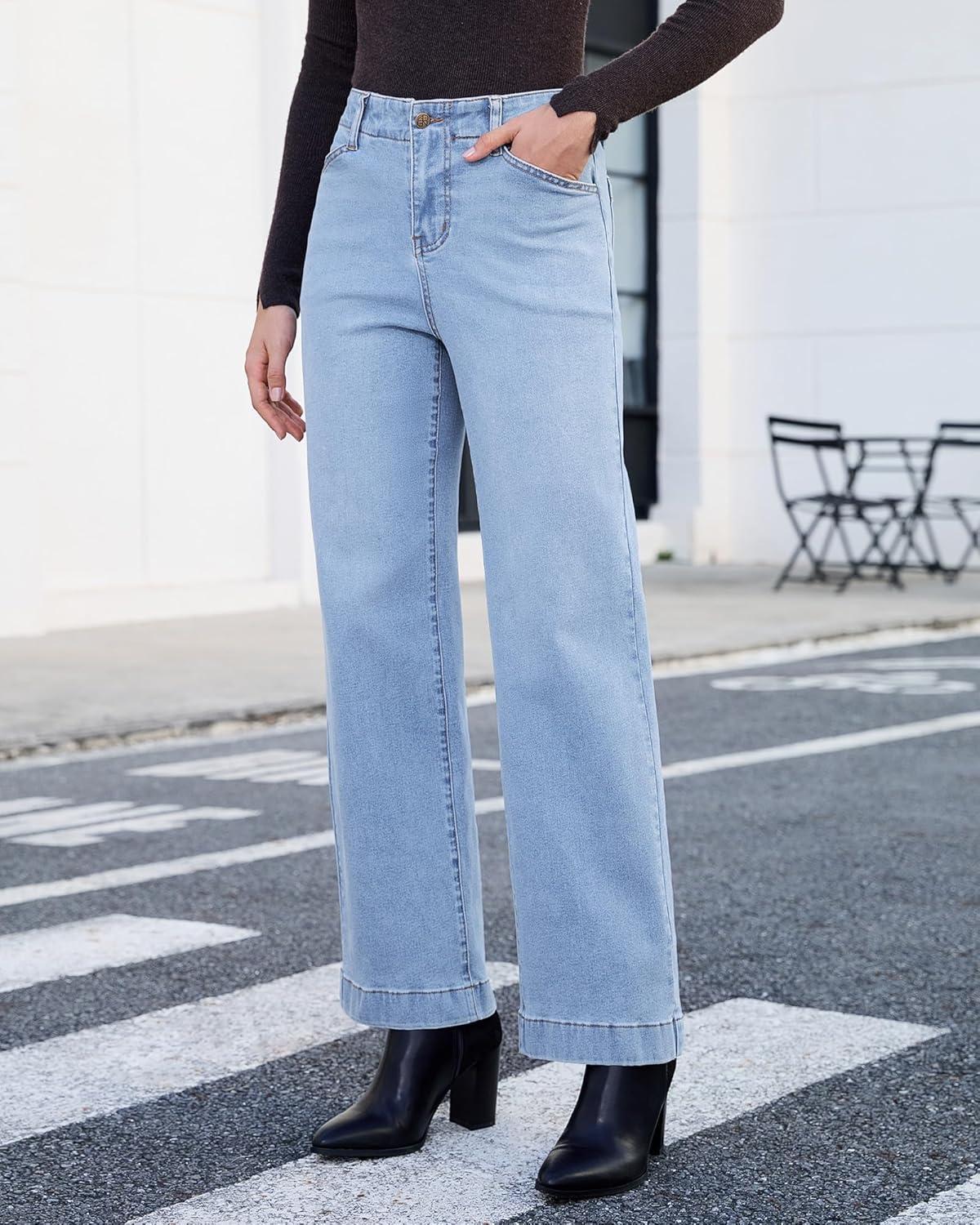 imageGRAPENT Wide Leg Jeans Woman High Waisted Trendy Stretchy Denim Pants Classic Trouser Jeans with Slash PocketsLakeside Blue