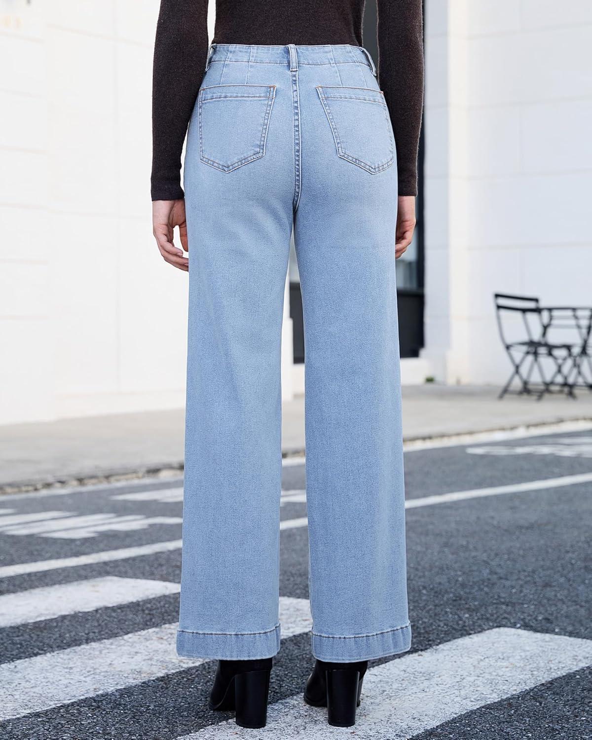 imageGRAPENT Wide Leg Jeans Woman High Waisted Trendy Stretchy Denim Pants Classic Trouser Jeans with Slash PocketsLakeside Blue