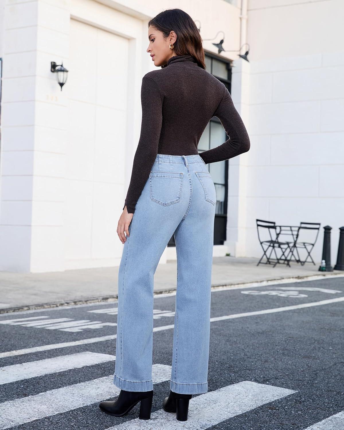 imageGRAPENT Wide Leg Jeans Woman High Waisted Trendy Stretchy Denim Pants Classic Trouser Jeans with Slash PocketsLakeside Blue
