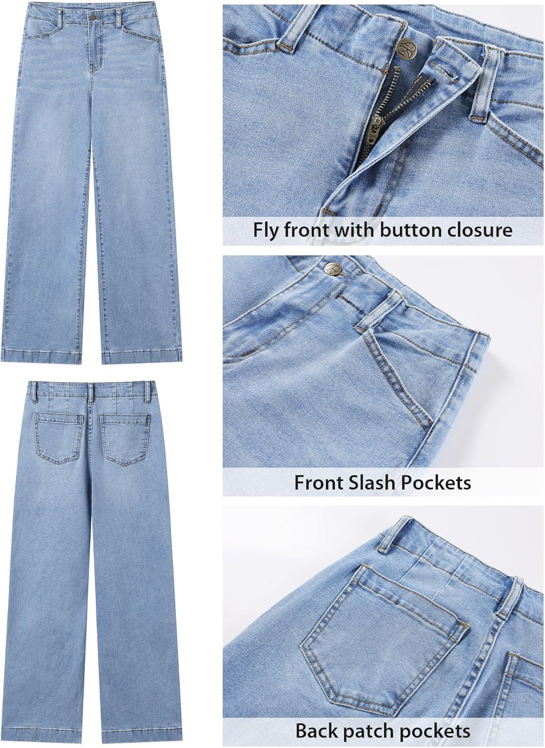 imageGRAPENT Wide Leg Jeans Woman High Waisted Trendy Stretchy Denim Pants Classic Trouser Jeans with Slash PocketsLakeside Blue
