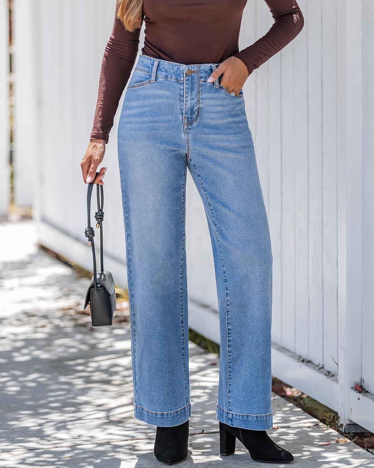 imageGRAPENT Wide Leg Jeans Woman High Waisted Trendy Stretchy Denim Pants Classic Trouser Jeans with Slash PocketsMedium Blue