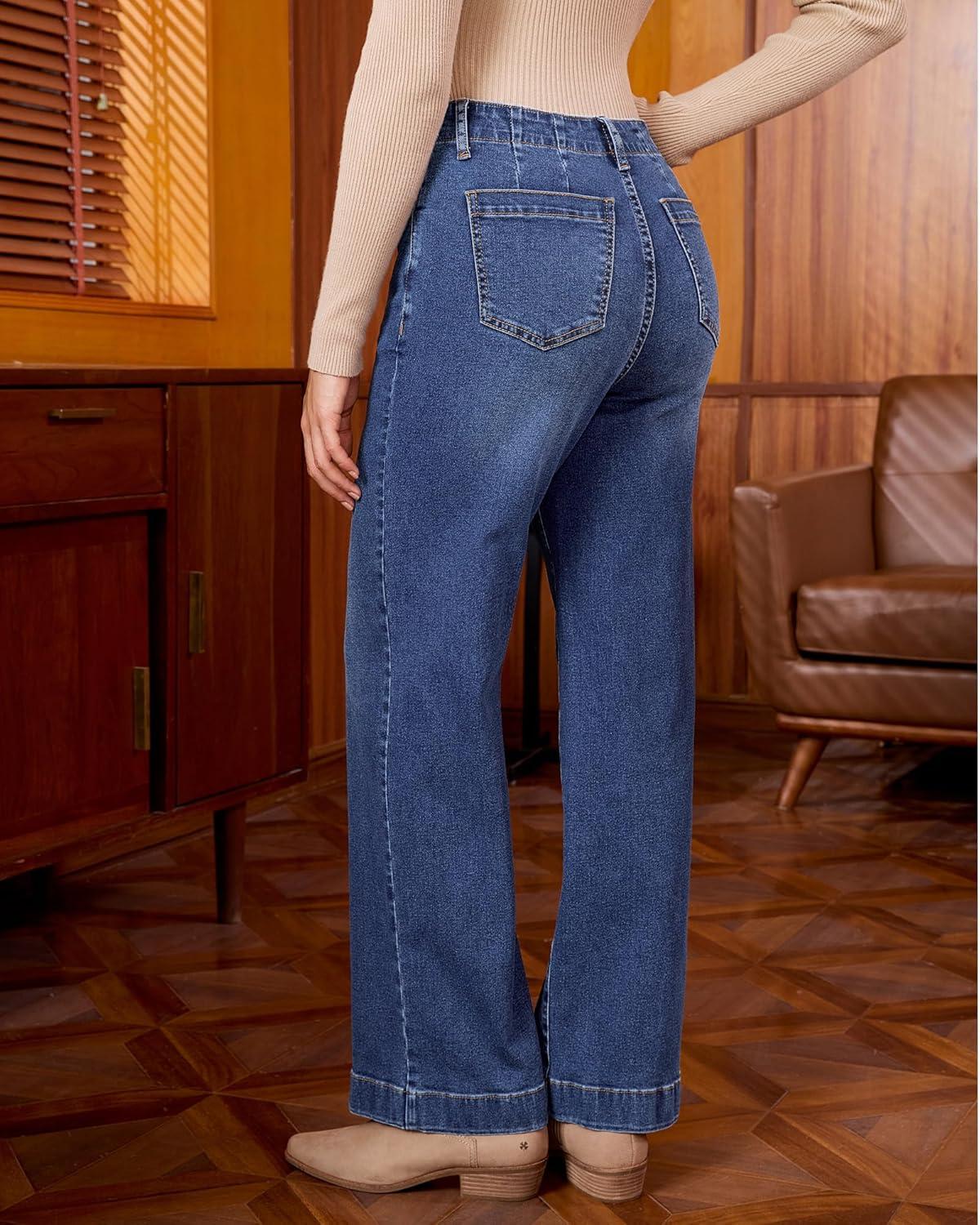 imageGRAPENT Wide Leg Jeans Woman High Waisted Trendy Stretchy Denim Pants Classic Trouser Jeans with Slash PocketsTimeless Blue