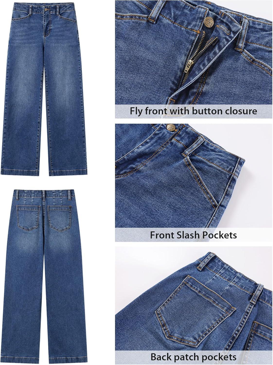 imageGRAPENT Wide Leg Jeans Woman High Waisted Trendy Stretchy Denim Pants Classic Trouser Jeans with Slash PocketsTimeless Blue