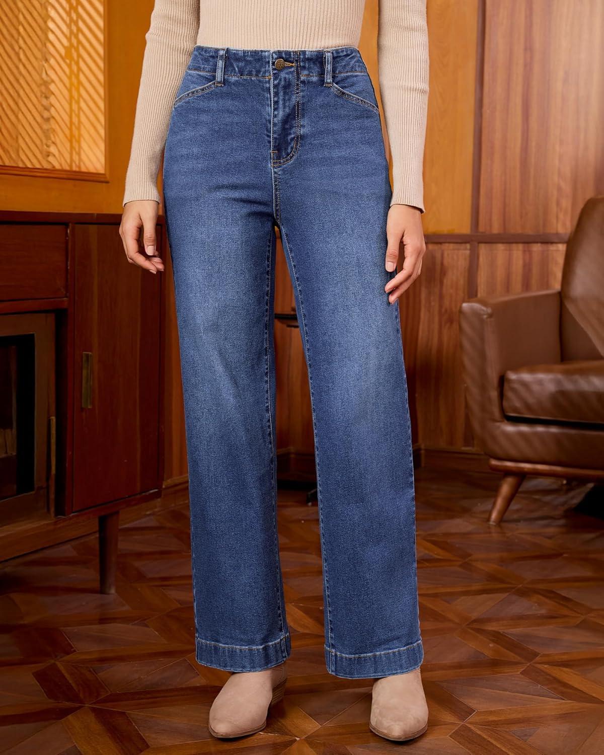 imageGRAPENT Wide Leg Jeans Woman High Waisted Trendy Stretchy Denim Pants Classic Trouser Jeans with Slash PocketsTimeless Blue
