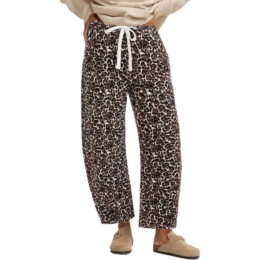 imageGRAPENT Barrel Jeans for Women Trendy High Waisted Pull On Wide Leg Cropped Leopard Cheetah Print Stretchy Denim PantsBleached Sand Leopard