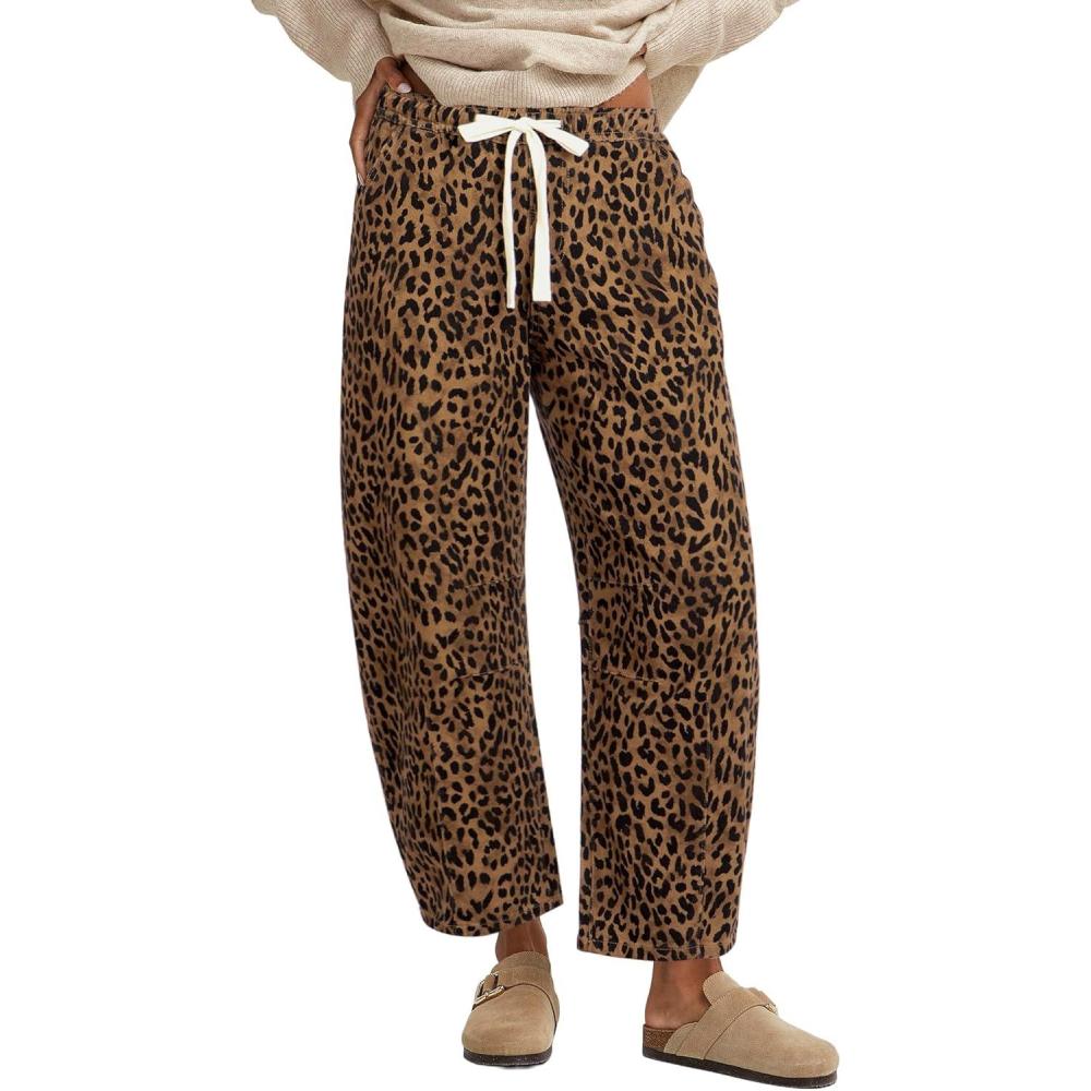 imageGRAPENT Barrel Jeans for Women Trendy High Waisted Pull On Wide Leg Cropped Leopard Cheetah Print Stretchy Denim PantsBrown Cheetah