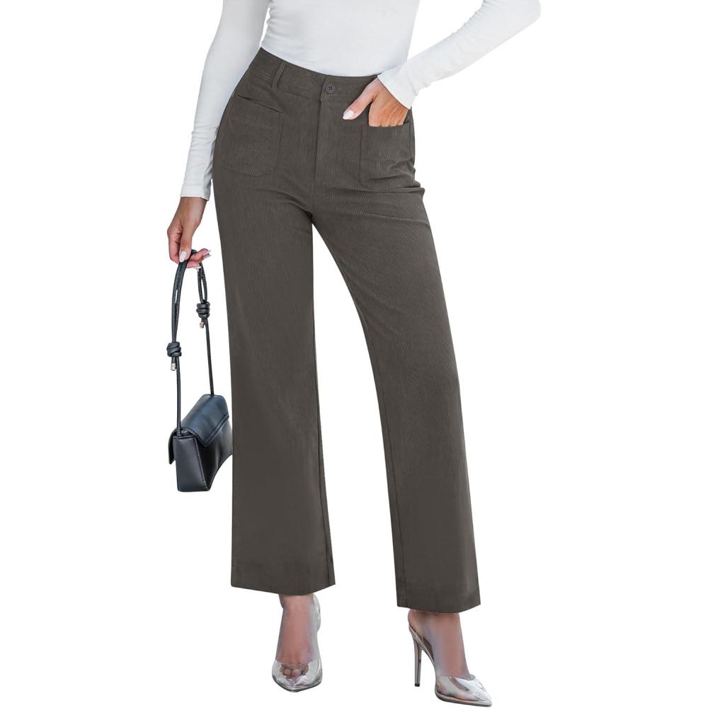 imageGRAPENT Corduroy Pants Women High Waisted Wide Leg Trendy Patch Pocket Fall Winter Dressy Casual Elastic Waist TrousersGray
