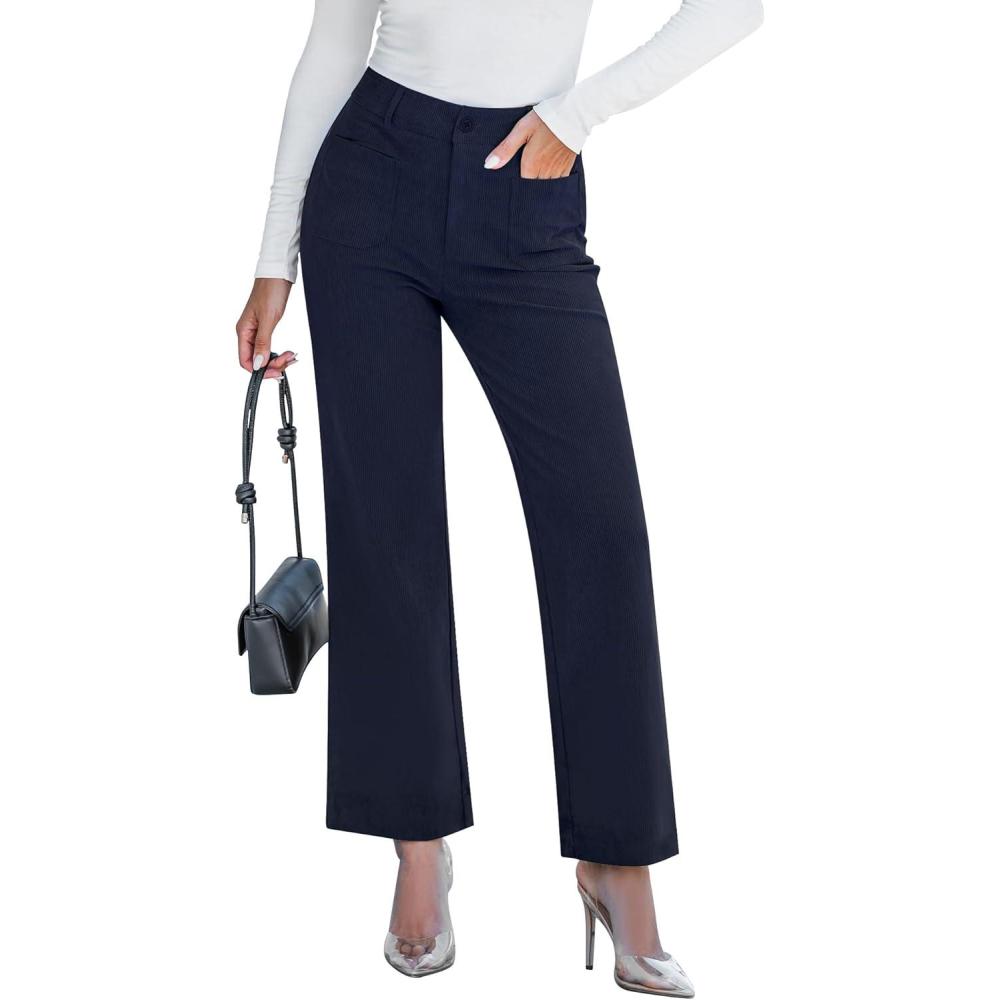 imageGRAPENT Corduroy Pants Women High Waisted Wide Leg Trendy Patch Pocket Fall Winter Dressy Casual Elastic Waist TrousersNavy Blue