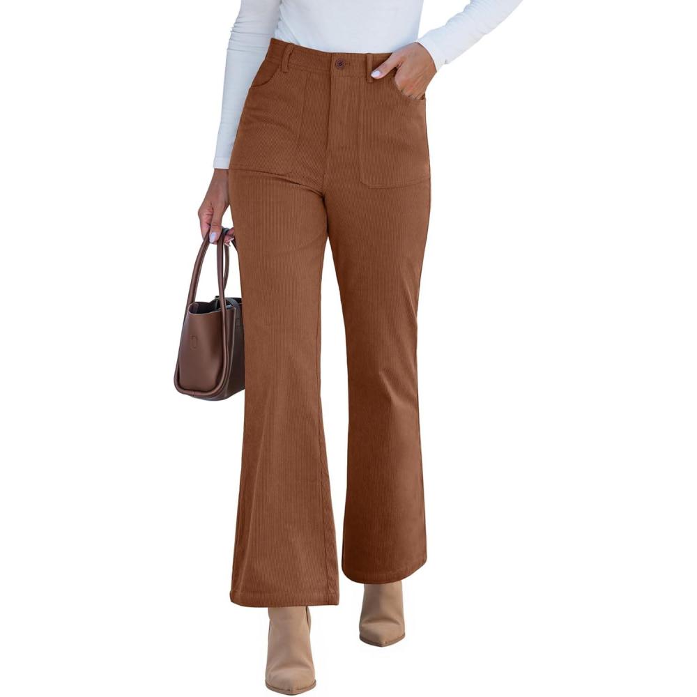 imageGRAPENT Corduroy Pants for Women Flare High Waisted Fall Winter Elastic Waist Stretchy Work Casual Trendy Wide Leg PantsPecan Brown