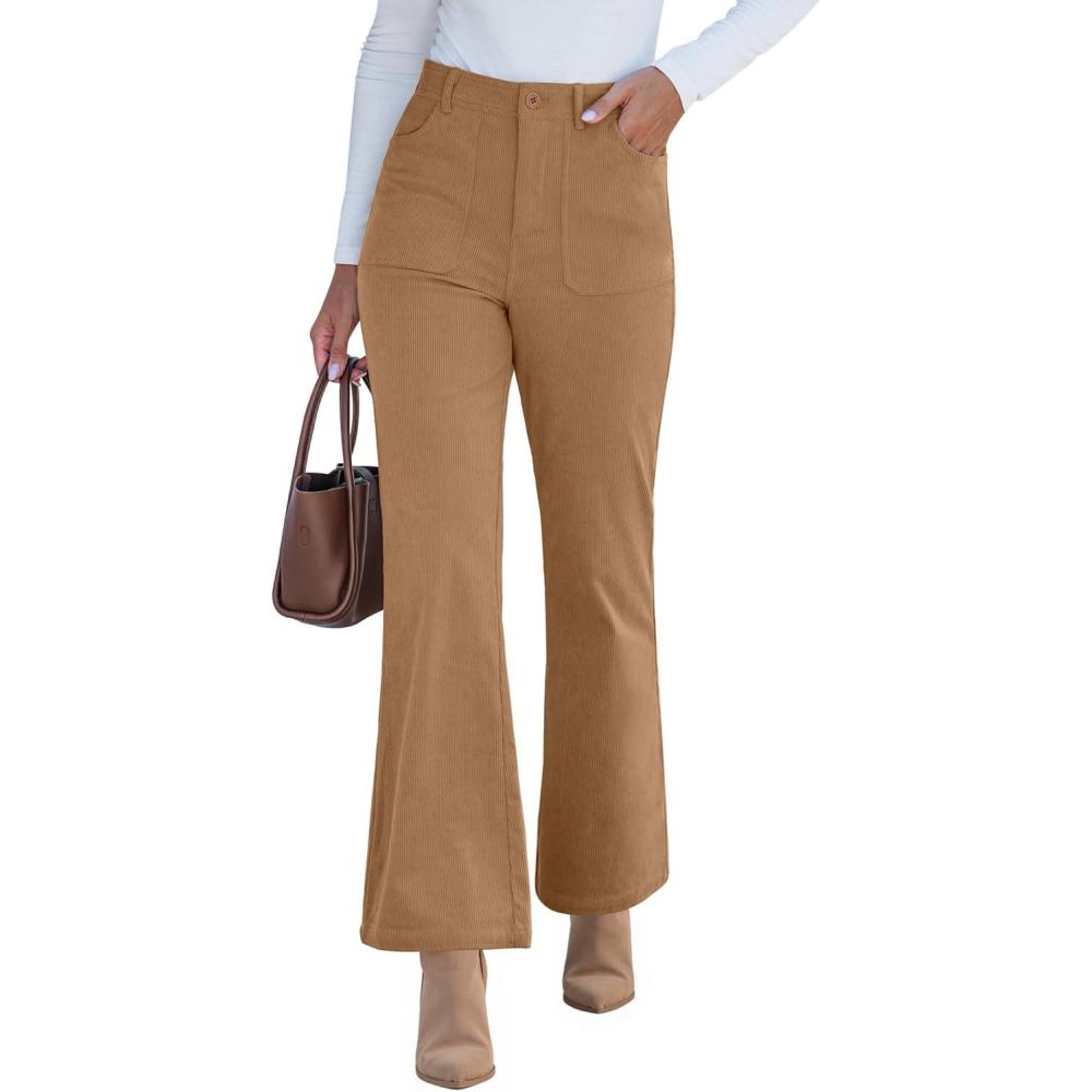 imageGRAPENT Corduroy Pants for Women Flare High Waisted Fall Winter Elastic Waist Stretchy Work Casual Trendy Wide Leg PantsTan