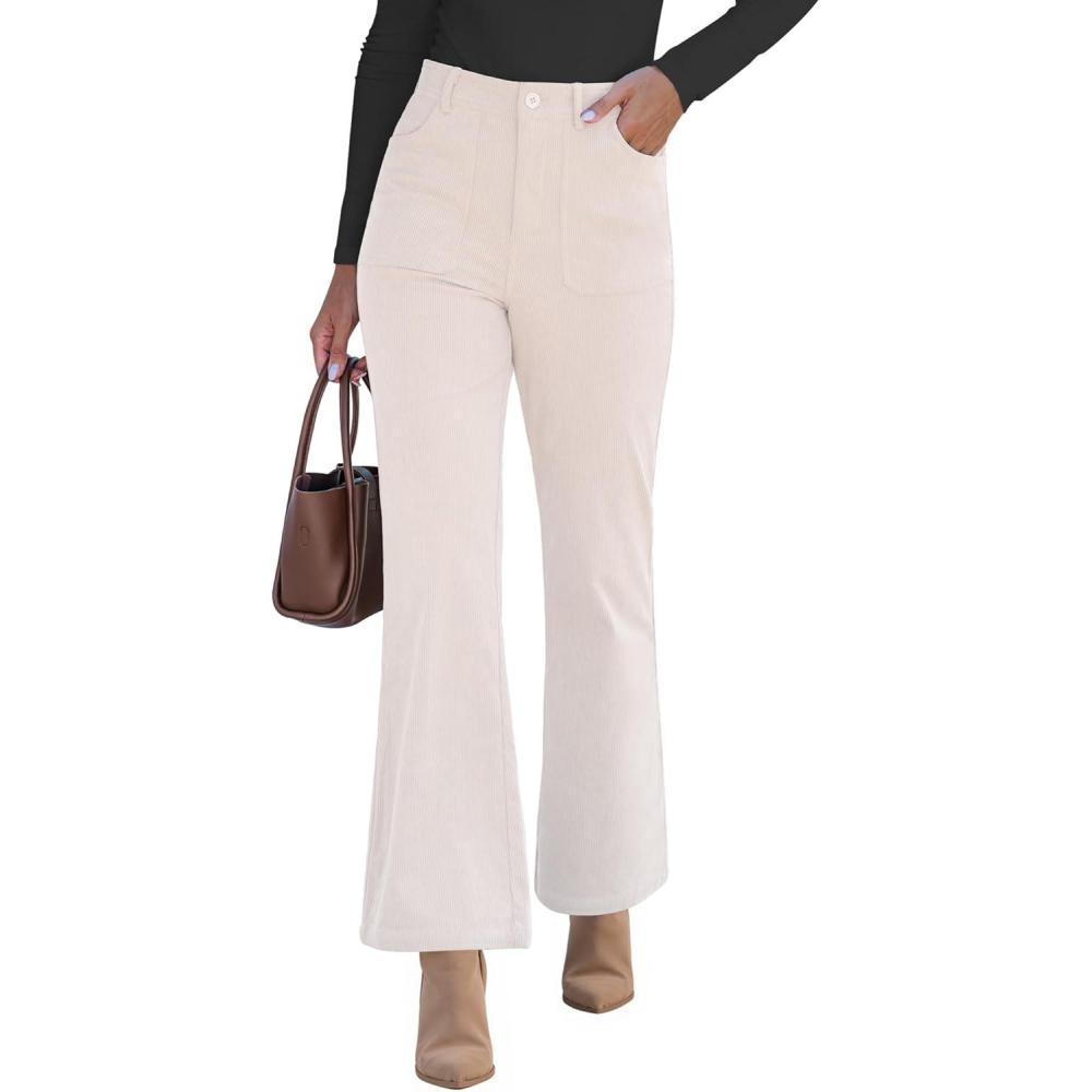 imageGRAPENT Corduroy Pants for Women Flare High Waisted Fall Winter Elastic Waist Stretchy Work Casual Trendy Wide Leg PantsTurtledove