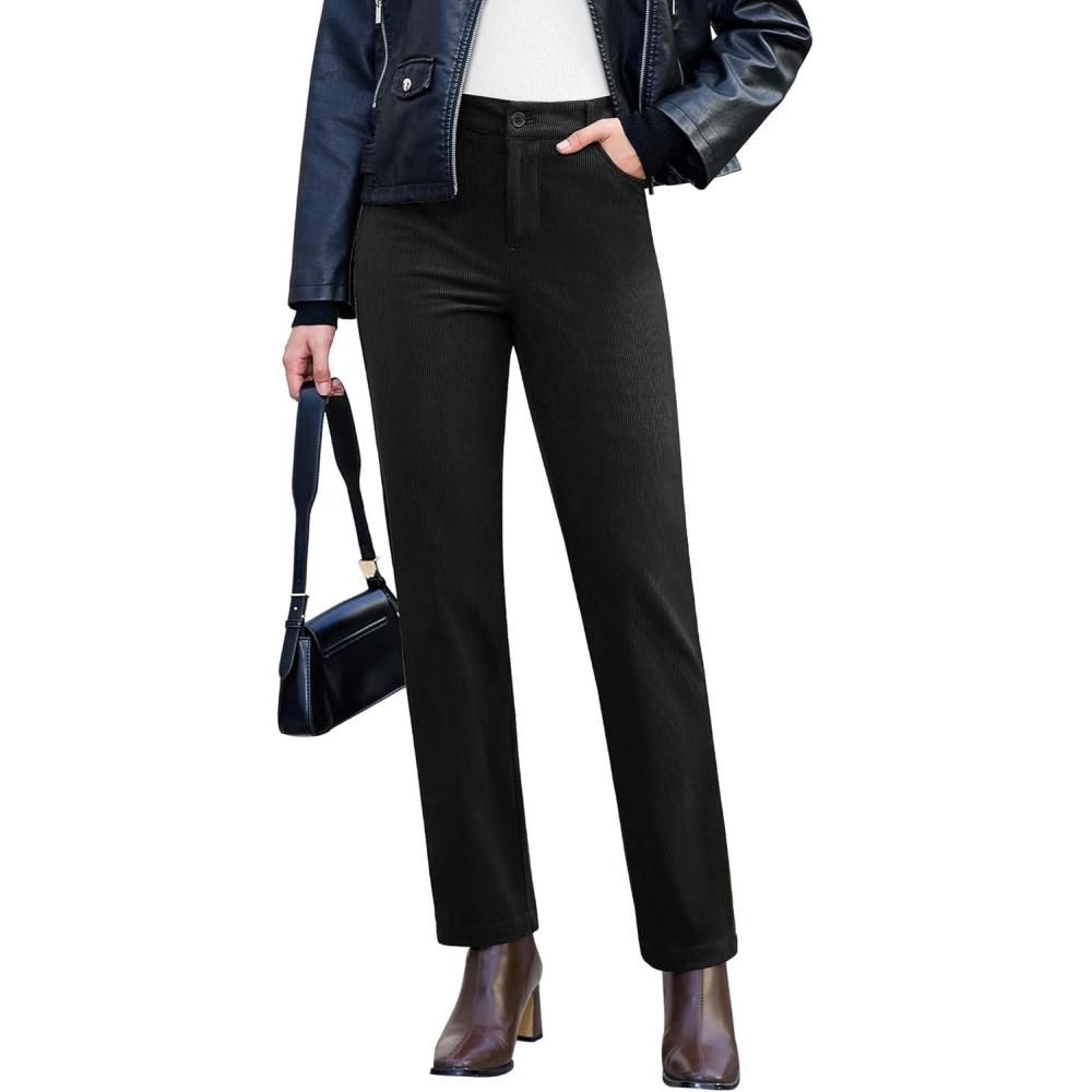 imageGRAPENT Corduroy Pants for Women High Wasited Straight Leg Elastic Waist Stretchy Casual Work Pants Fall Winter TrousersBlack