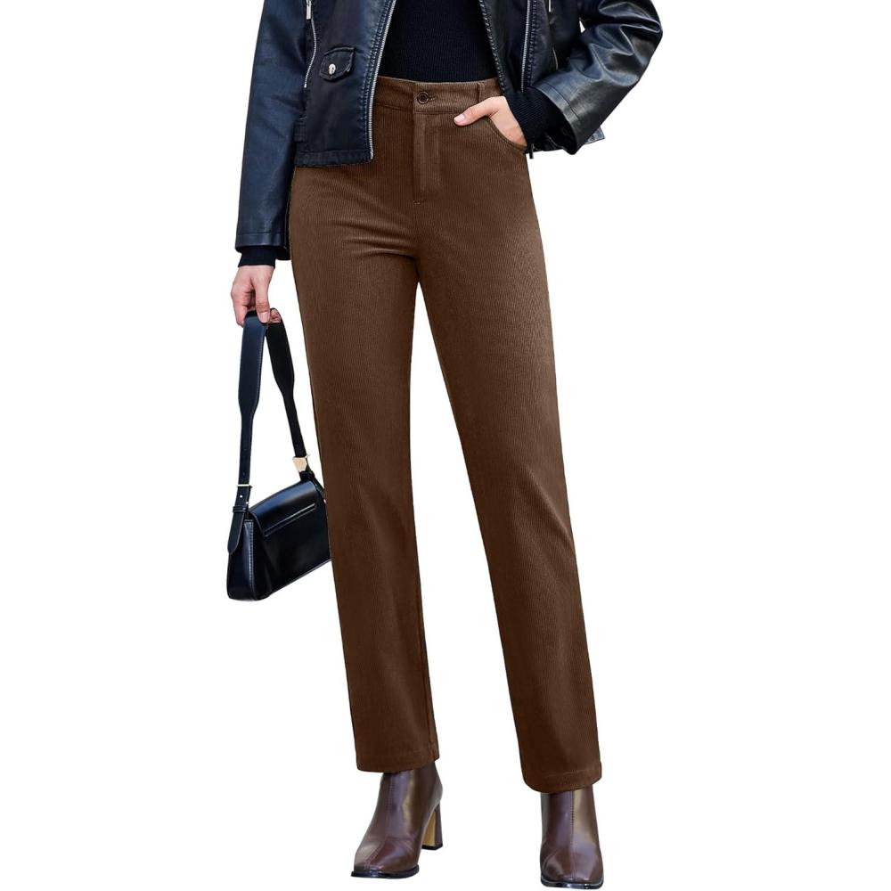 imageGRAPENT Corduroy Pants for Women High Wasited Straight Leg Elastic Waist Stretchy Casual Work Pants Fall Winter TrousersCocoa Brown