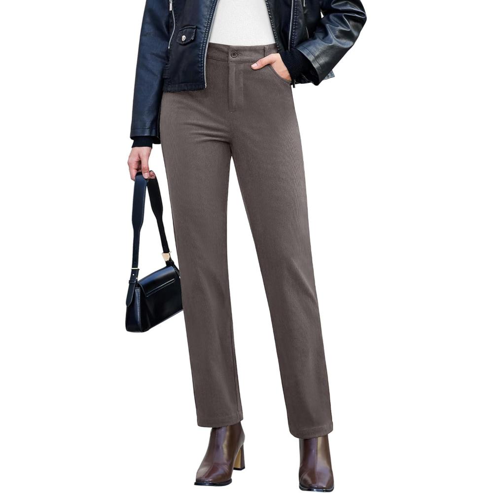 imageGRAPENT Corduroy Pants for Women High Wasited Straight Leg Elastic Waist Stretchy Casual Work Pants Fall Winter TrousersDark Gray