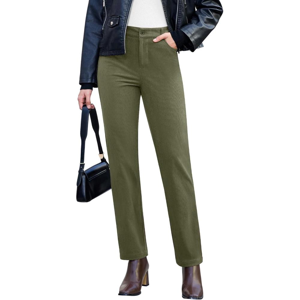 imageGRAPENT Corduroy Pants for Women High Wasited Straight Leg Elastic Waist Stretchy Casual Work Pants Fall Winter TrousersOlive Green