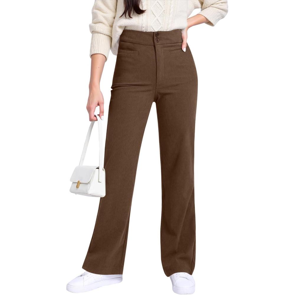 imageGRAPENT Corduroy Wide Leg Pants Woman High Waisted Trendy Fall Work Casual Elastic Waist Duo Button Welt Pocket TrousersCocoa Brown