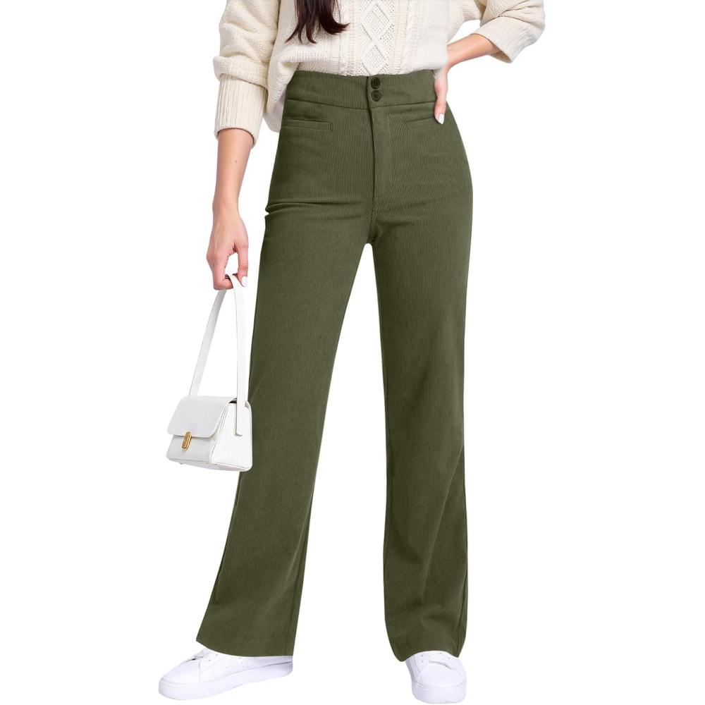 imageGRAPENT Corduroy Wide Leg Pants Woman High Waisted Trendy Fall Work Casual Elastic Waist Duo Button Welt Pocket TrousersOlive Green