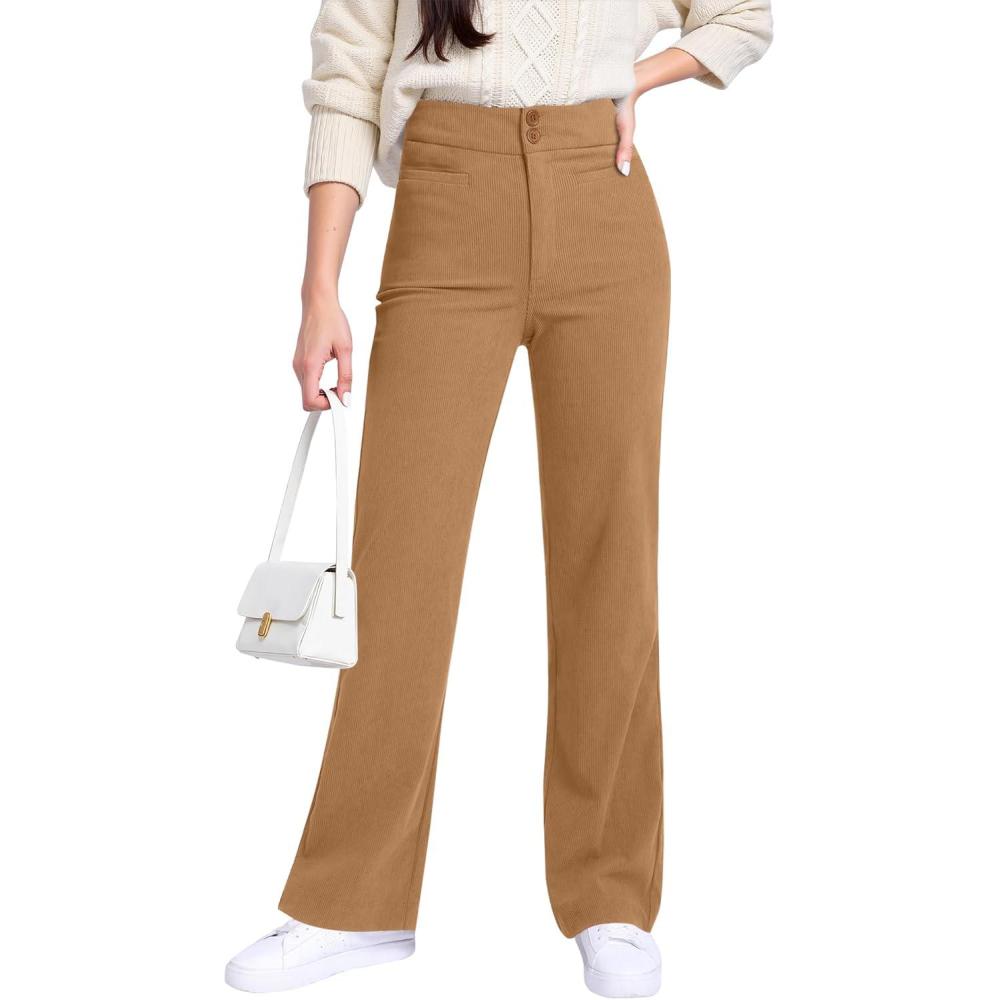imageGRAPENT Corduroy Wide Leg Pants Woman High Waisted Trendy Fall Work Casual Elastic Waist Duo Button Welt Pocket TrousersTan