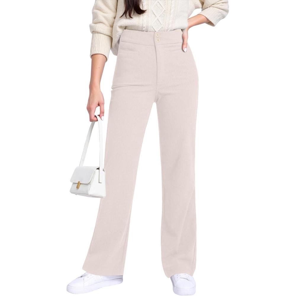 imageGRAPENT Corduroy Wide Leg Pants Woman High Waisted Trendy Fall Work Casual Elastic Waist Duo Button Welt Pocket TrousersTurtledove