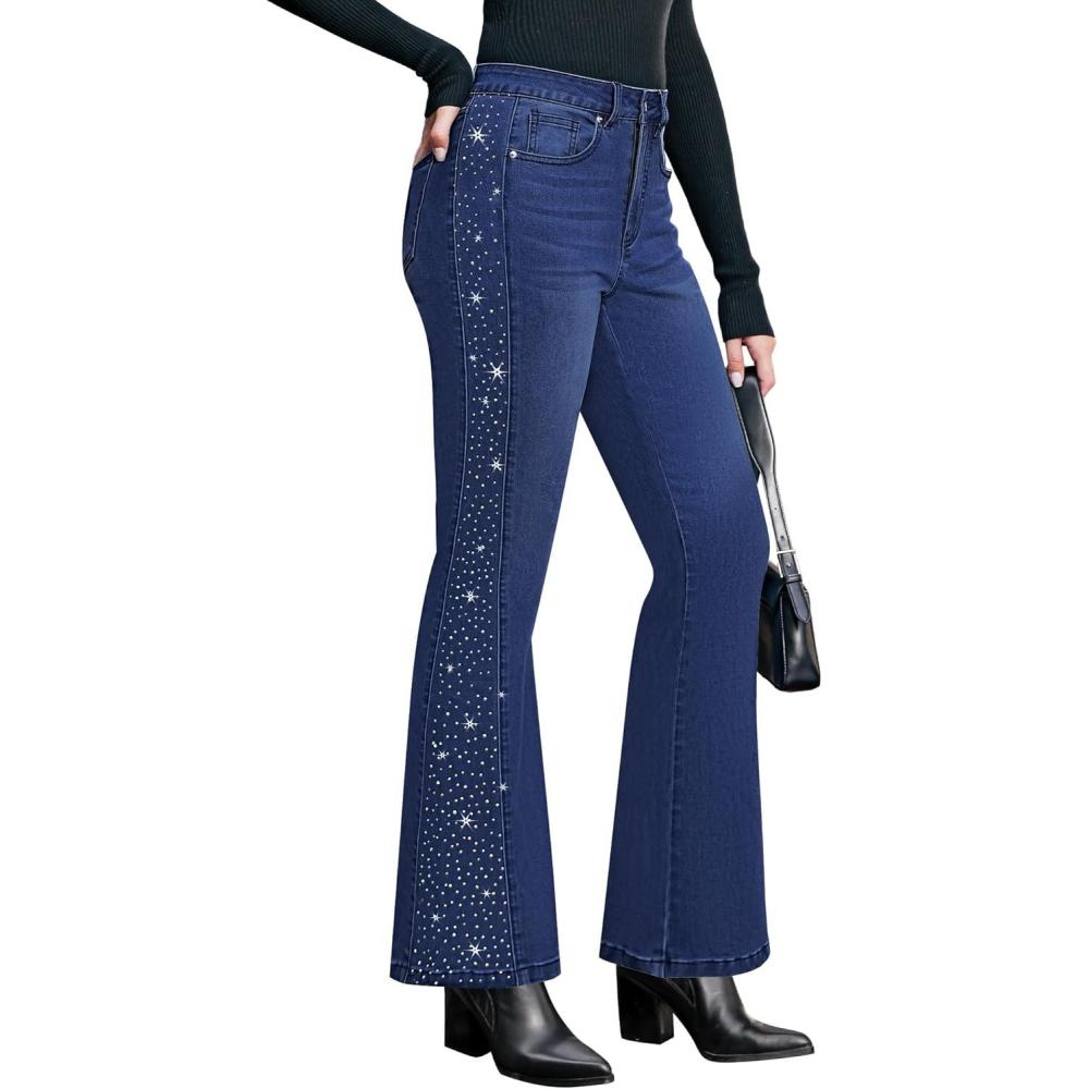 imageGRAPENT Flare Jeans for Women High Waisted Trendy Wide Leg Embellished Rhinestone Sparkly Concert Stretchy Denim PantsDarkness Blue
