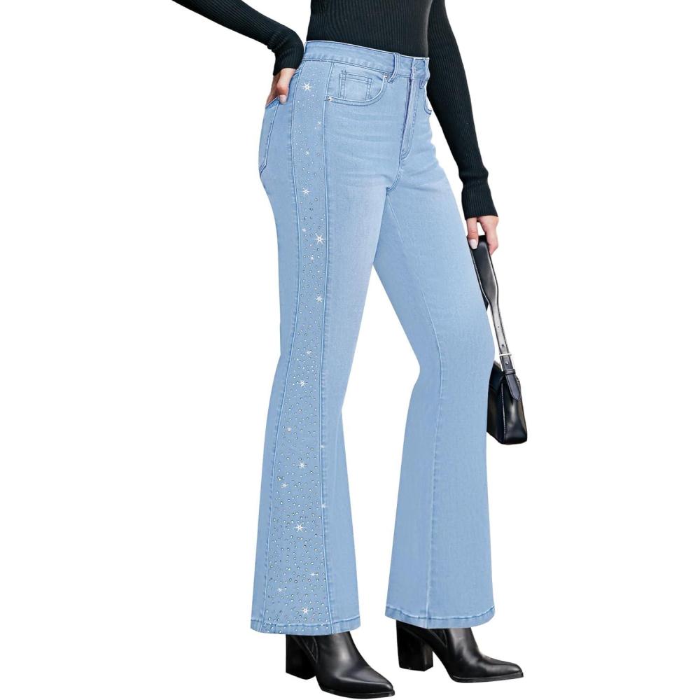 imageGRAPENT Flare Jeans for Women High Waisted Trendy Wide Leg Embellished Rhinestone Sparkly Concert Stretchy Denim PantsLakeside Blue