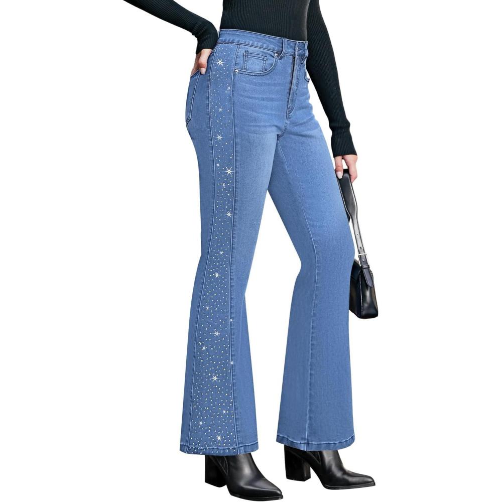imageGRAPENT Flare Jeans for Women High Waisted Trendy Wide Leg Embellished Rhinestone Sparkly Concert Stretchy Denim PantsMedium Blue