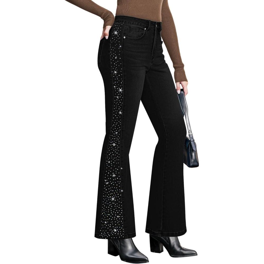 imageGRAPENT Flare Jeans for Women High Waisted Trendy Wide Leg Embellished Rhinestone Sparkly Concert Stretchy Denim PantsWashed Black