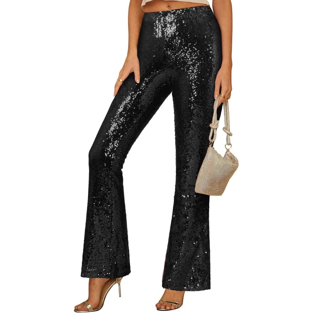 imageGRAPENT Sequin Pants for Women Flare High Waisted Pull On Elastic Waist Party Club Night Out Dance Stretch Sparkly PantsBlack