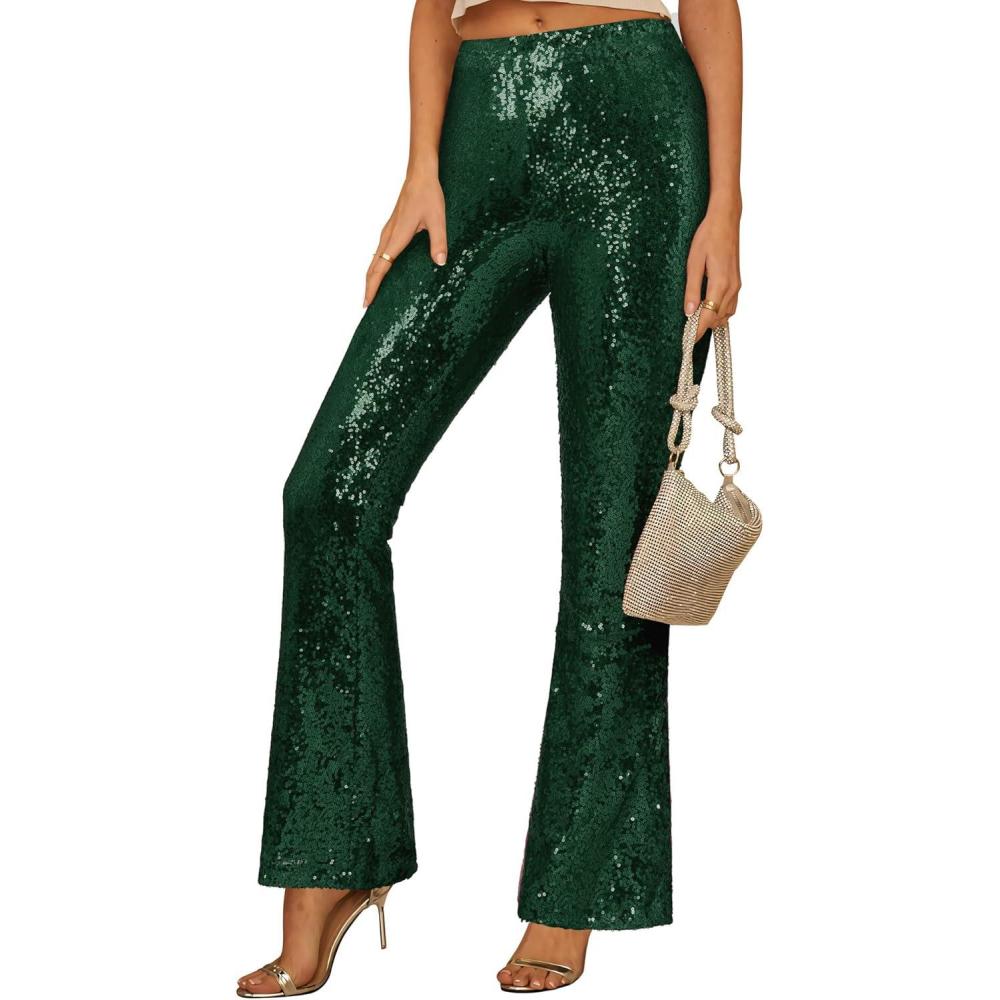 imageGRAPENT Sequin Pants for Women Flare High Waisted Pull On Elastic Waist Party Club Night Out Dance Stretch Sparkly PantsDark Green