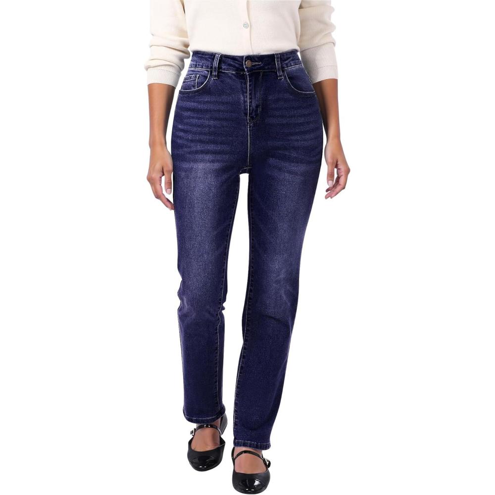 imageGRAPENT Straight Leg Jeans for Women Trendy High Waisted Classic Stretchy Denim Pants Casual Trouser Jeans with PocketsDarkness Blue